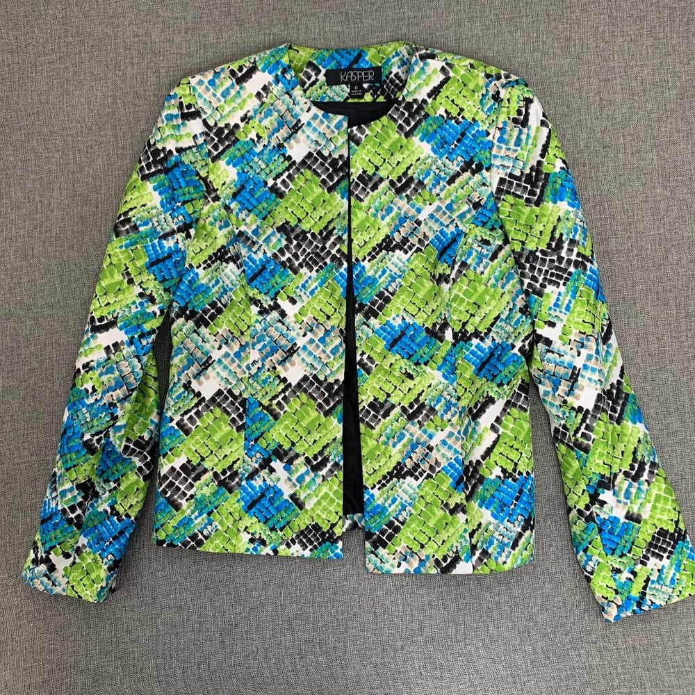 Kasper Snake Skin Suit Open Jacket 6 Blue Green Black Long Sleeve Shoulder Pads